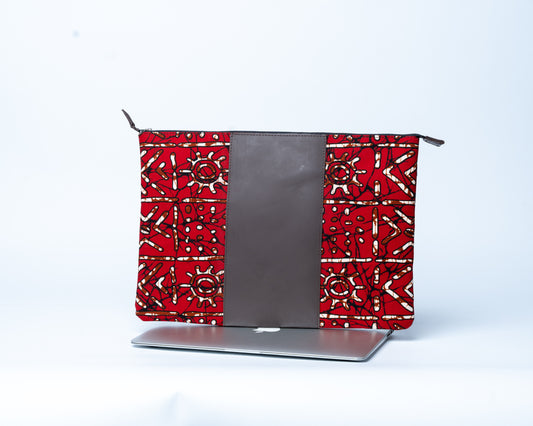 Red and gray patterned pouch on a white background
