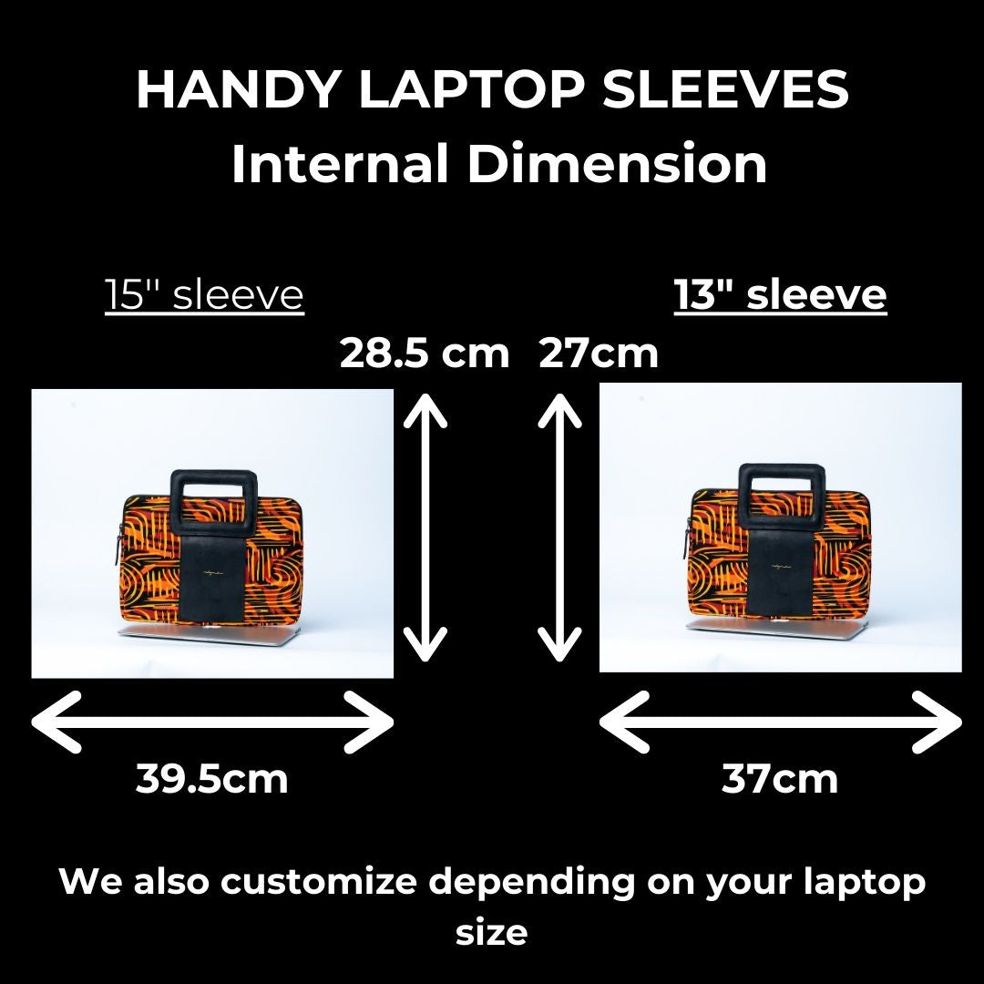 Handy laptop sleeves with dimensions labeled for 15" and 13" sizes on a black background.