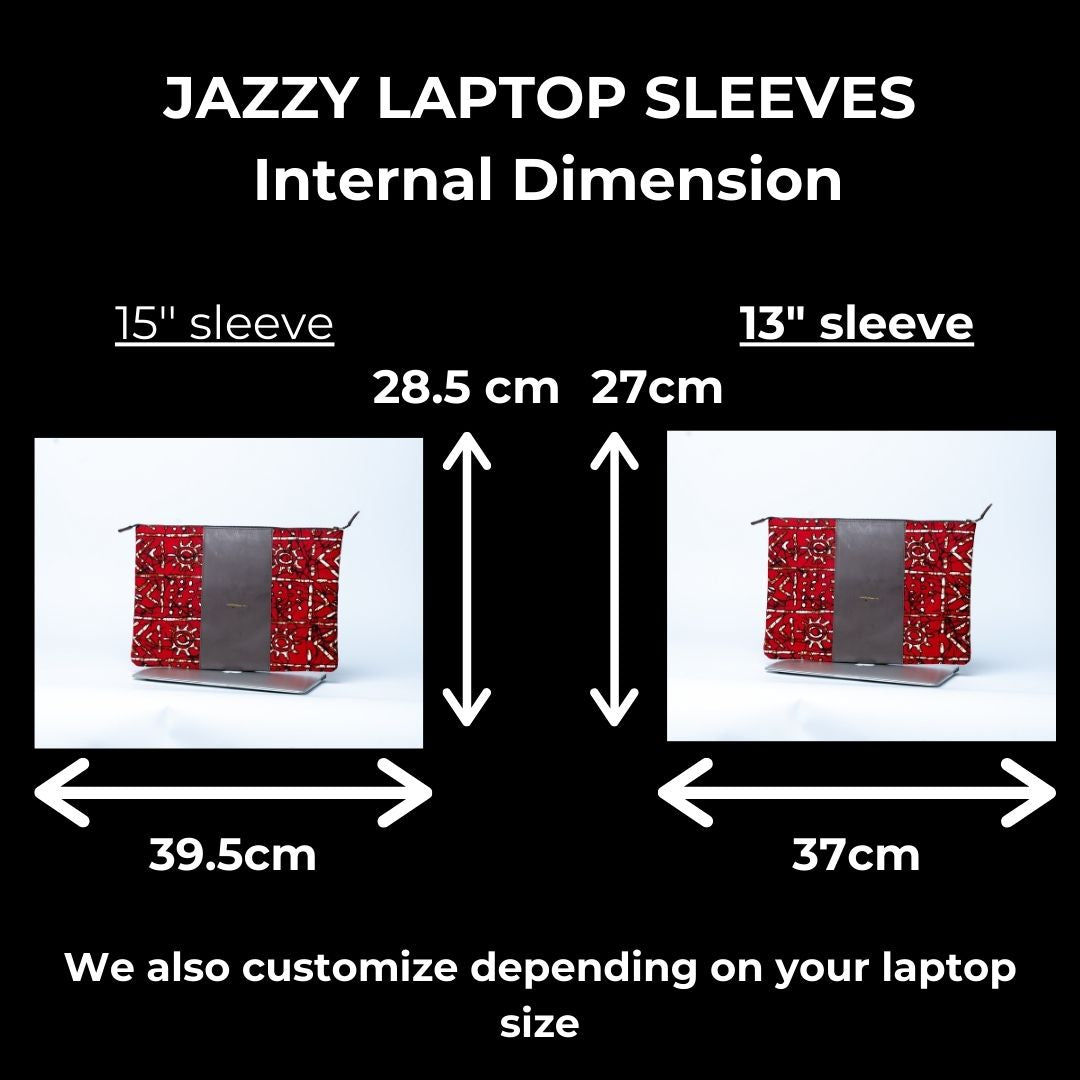 Measurement chart for 15" and 13" laptop sleeves with dimensions and customization information.