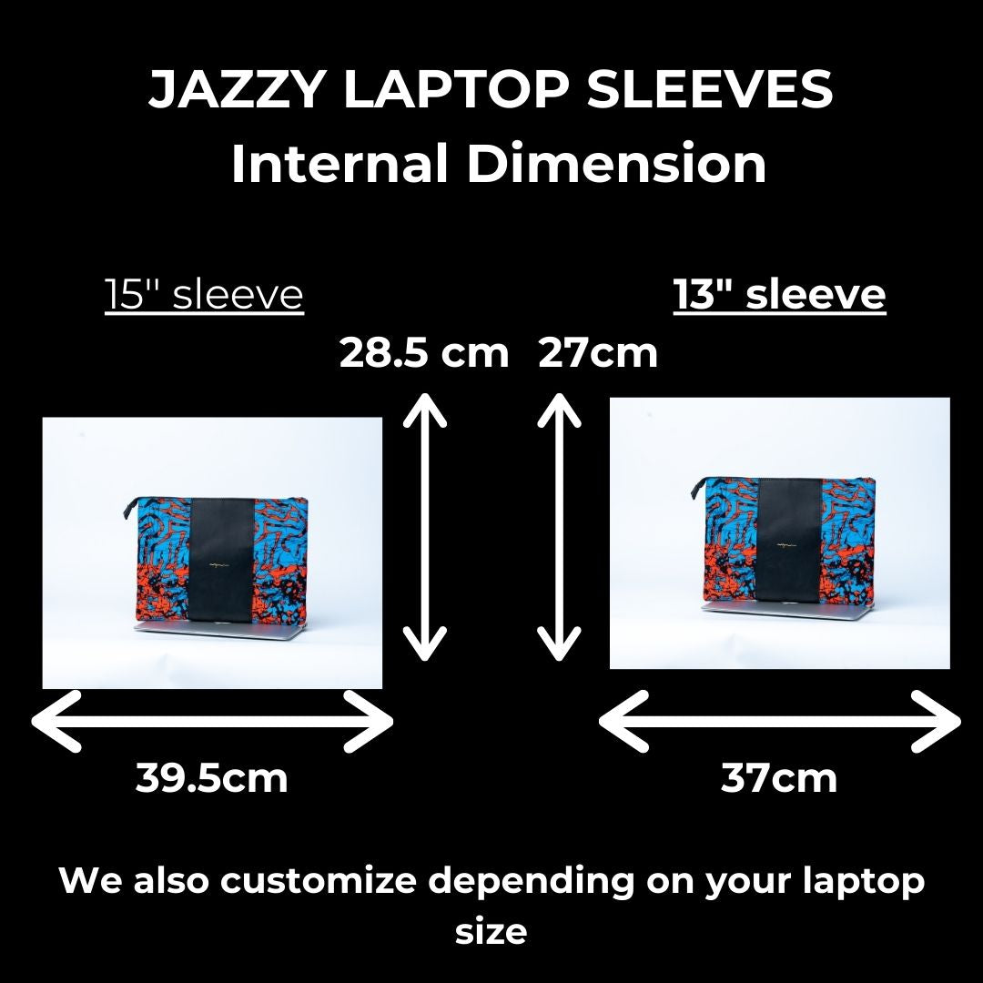 Measurement chart for 15" and 13" laptop sleeves with dimensions and customization information.