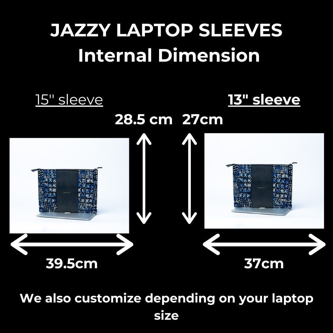 Measurement chart for 15" and 13" laptop sleeves with dimensions and customization information.