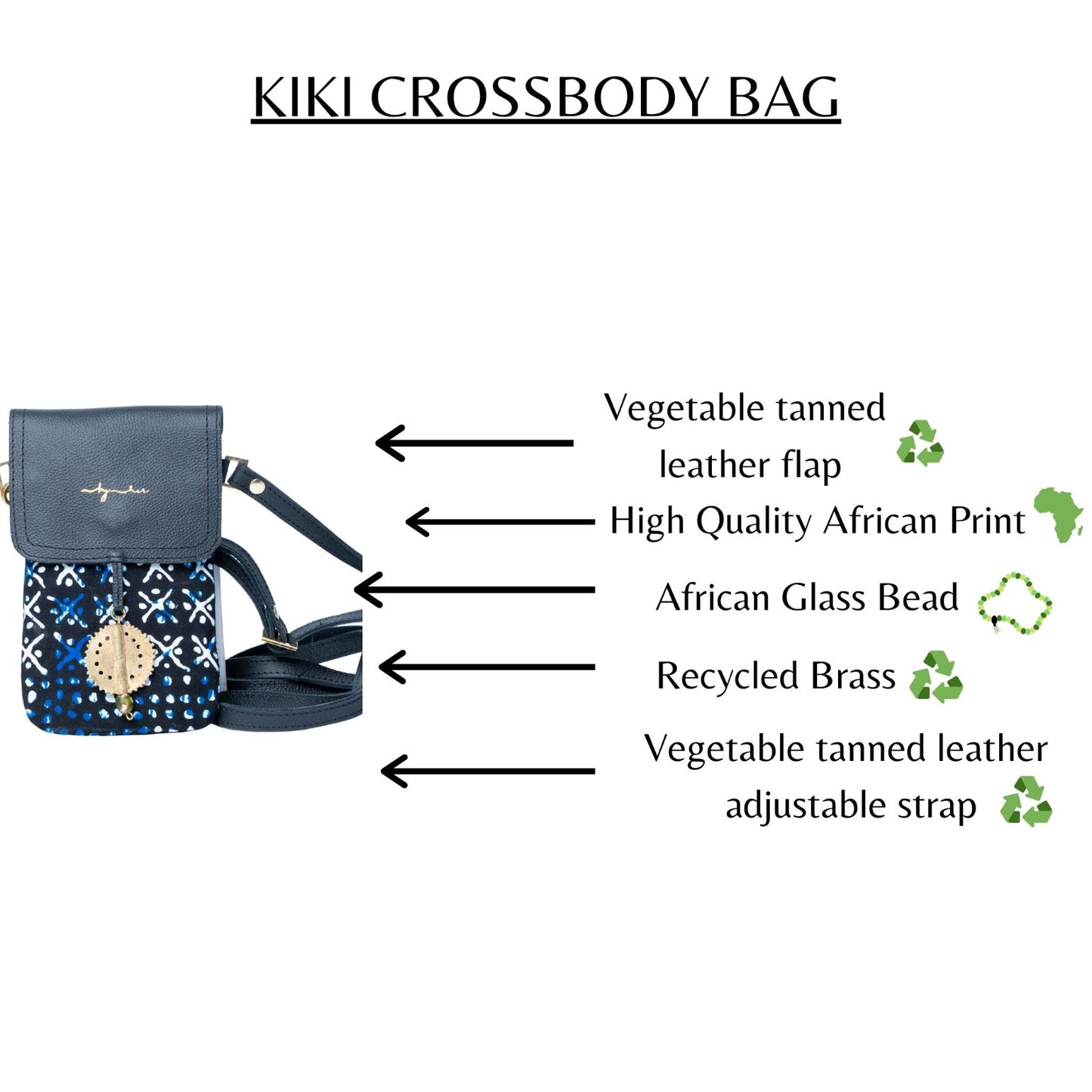 KIKI crossbody bag with features highlighted on a white background