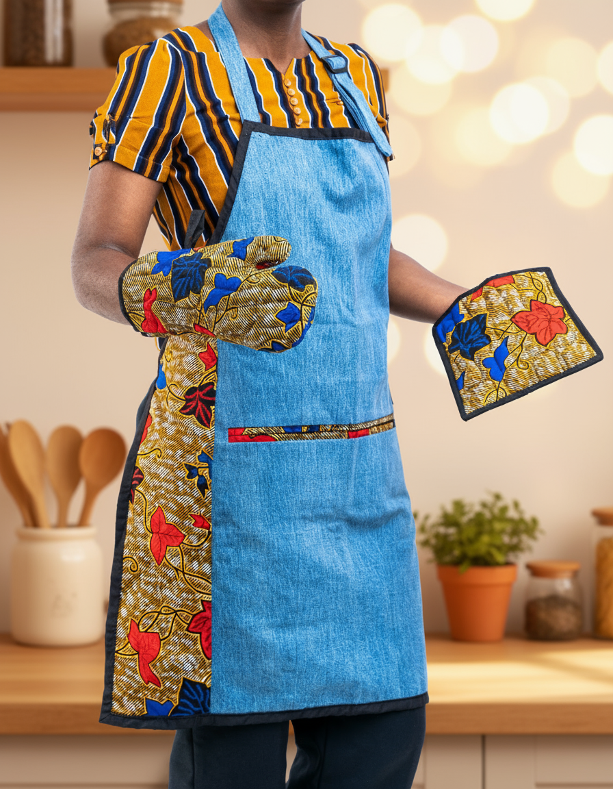 Person wearing a colorful apron and matching oven mitts on a white background