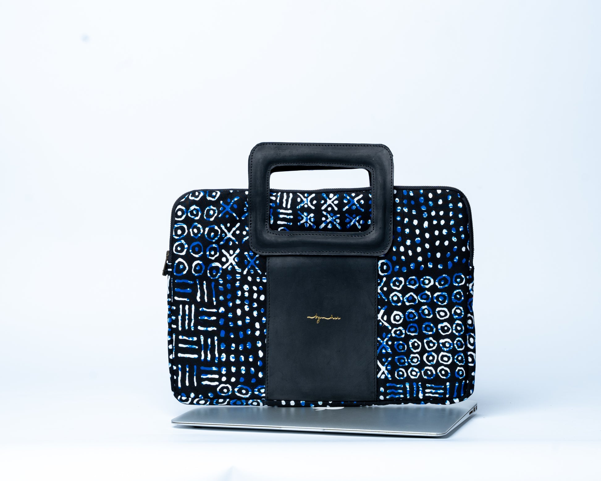Black and blue patterned briefcase on a white background