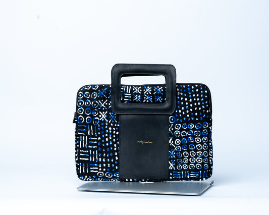 Black and blue patterned briefcase on a white background
