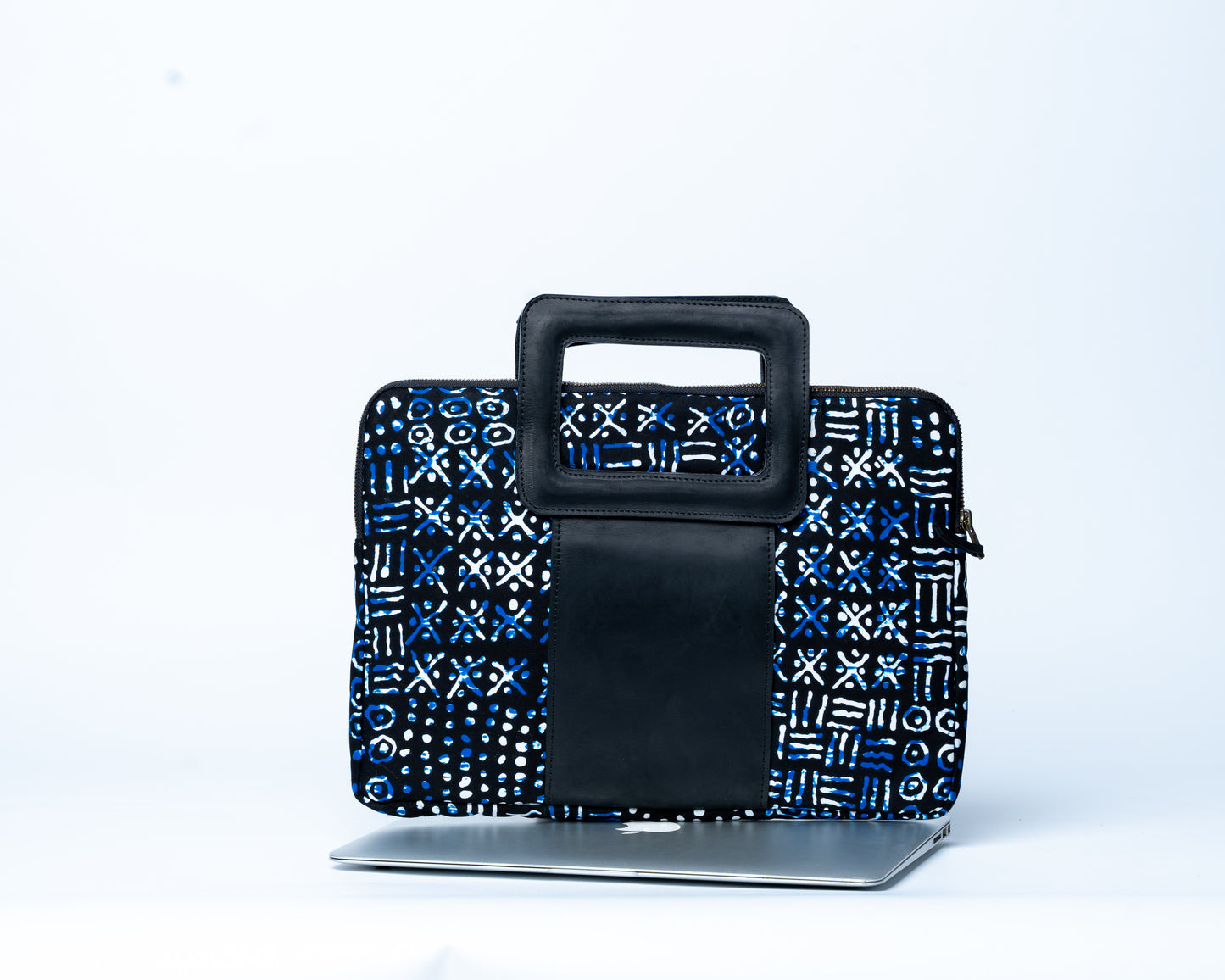 Black and blue patterned bag on a white background