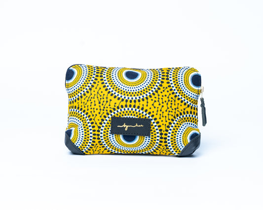Yellow patterned pouch with a brand logo on a white background
