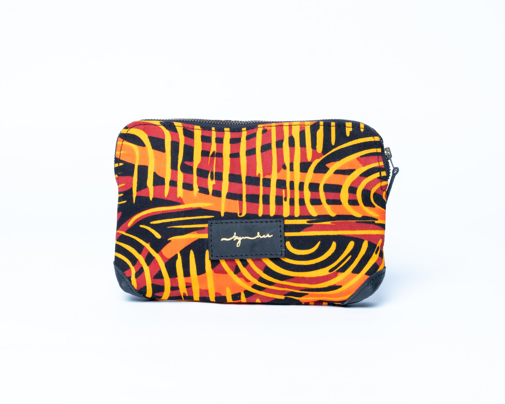 Colorful patterned pouch with a brand label on a white background