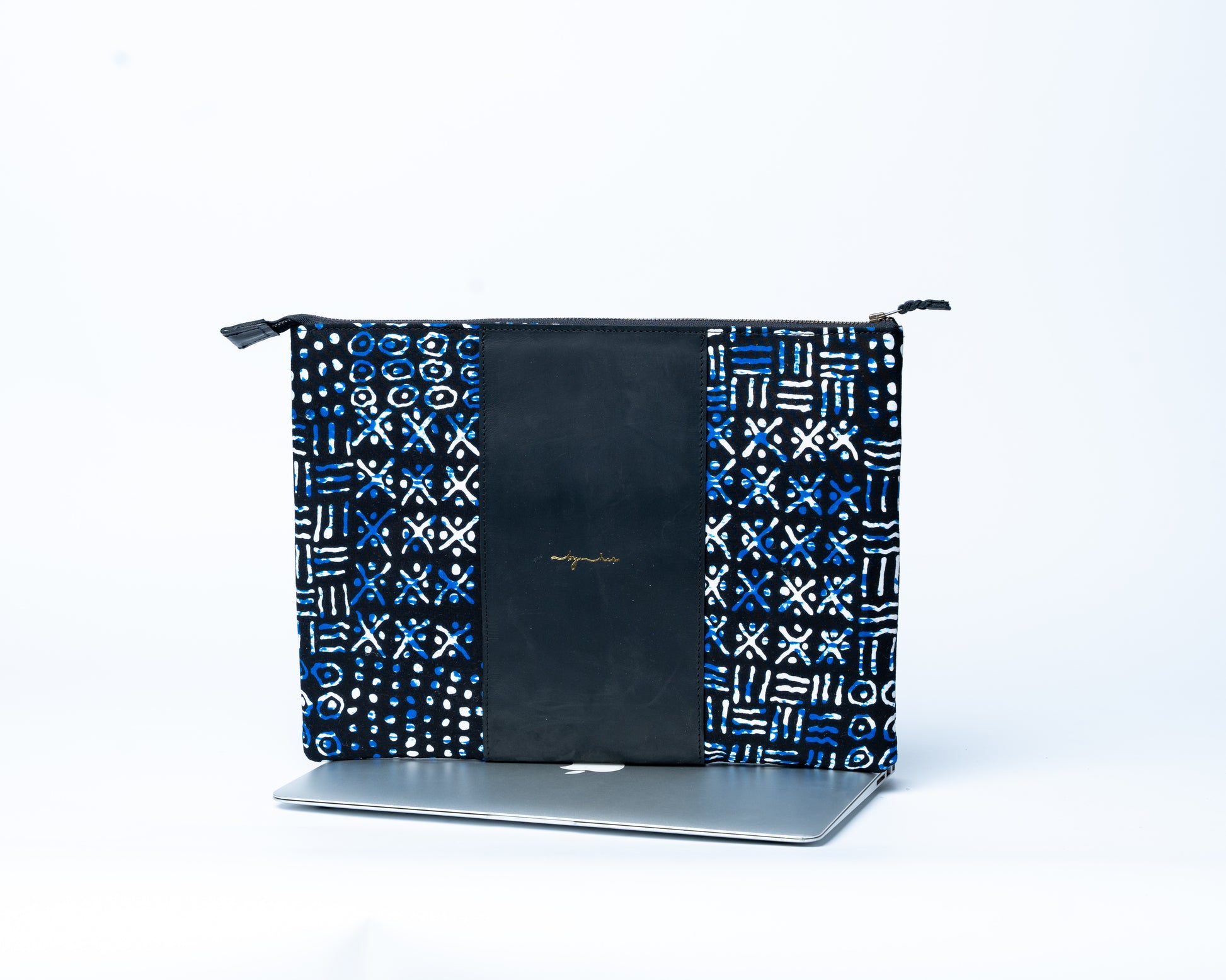 Black pouch with blue and white pattern on a white background