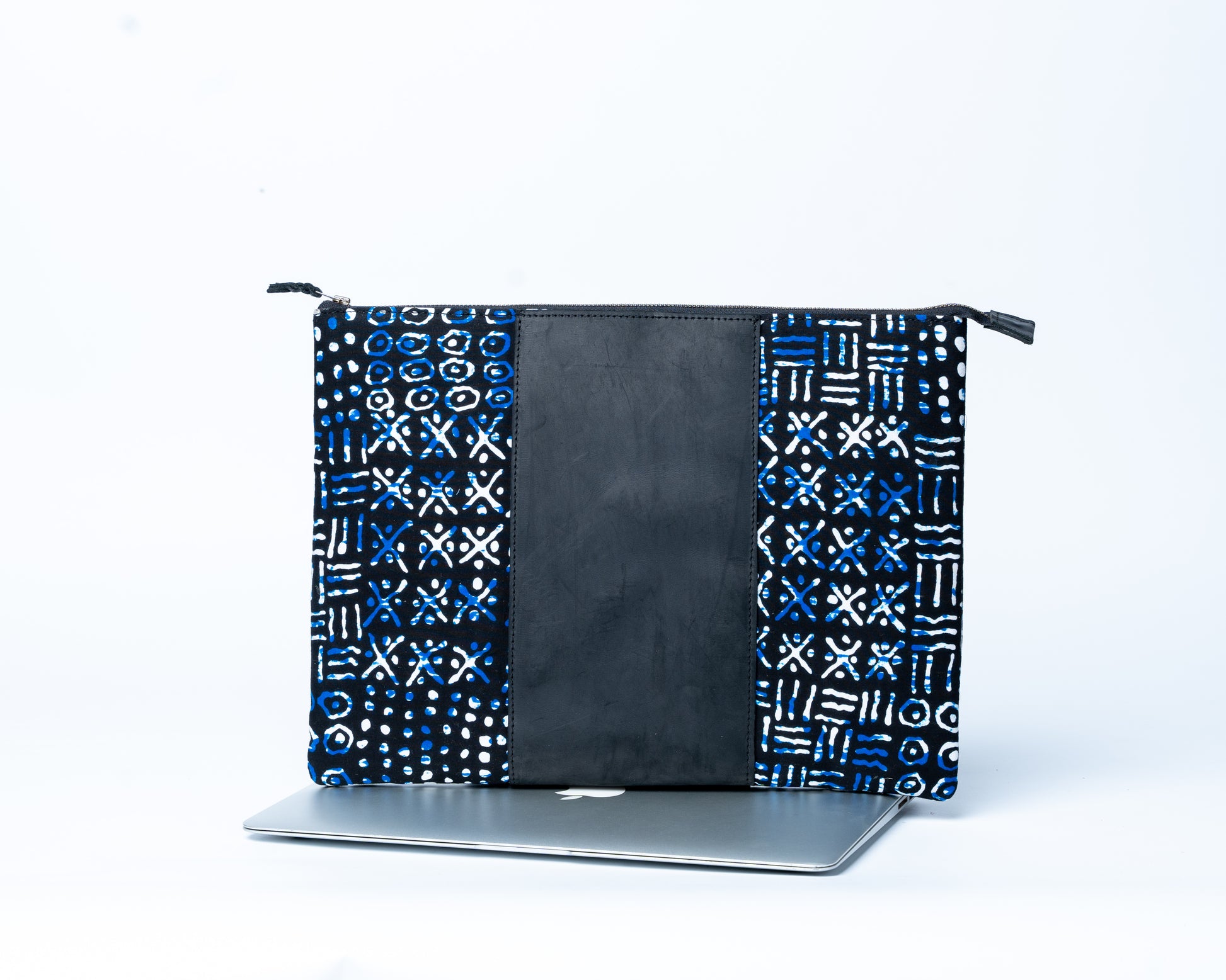 Black pouch with blue and white pattern on a white background