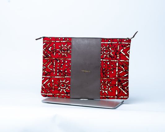 Red and white patterned pouch with a gray interior on a white background
