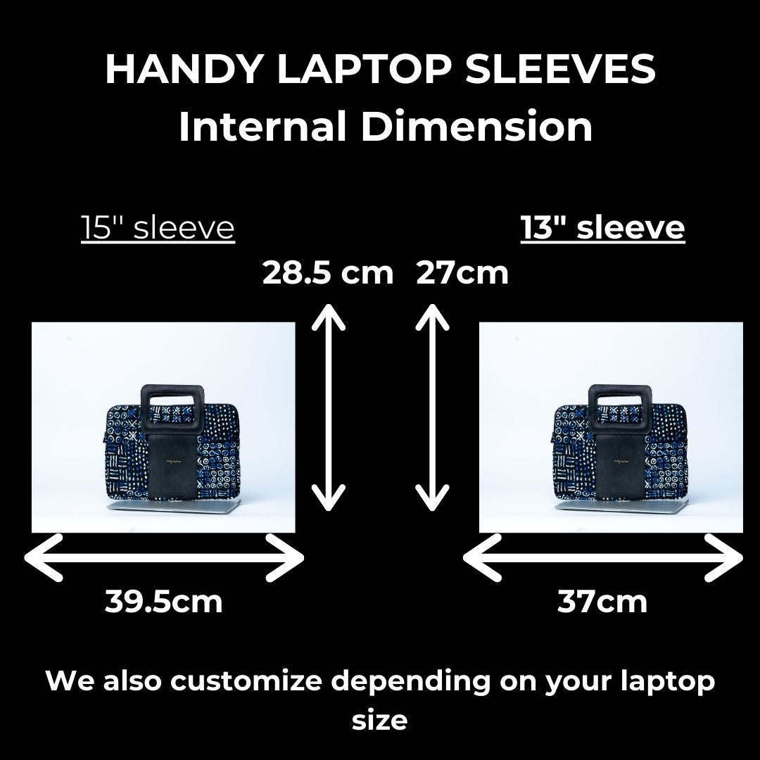 Measurement chart for 15" and 13" laptop sleeves with dimensions and customization information.