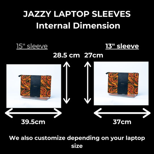Comparison of 15" and 13" laptop sleeves with dimensions and customization information on a black background.