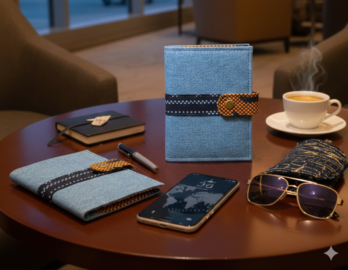 Blue denim-style phone case with decorative band on a table with a phone, sunglasses, and coffee.