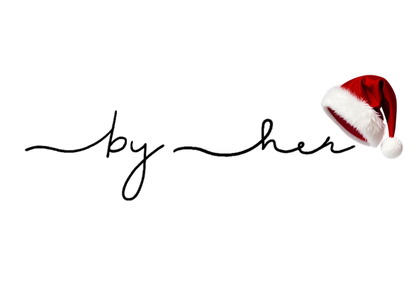 Logo with 'by her' text and a Santa hat on a white background
